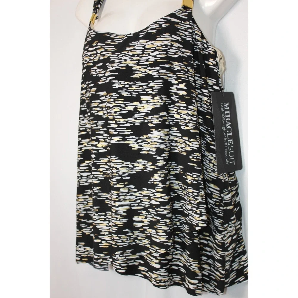NWT Miraclesuit Zari Dazzle Tankini Top Size 16 Black Gold White Shaping Swim